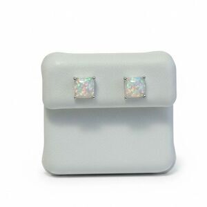 Genuine White Fire Opal Stud Earrings 925 Sterling Silver Square Princess Cut
